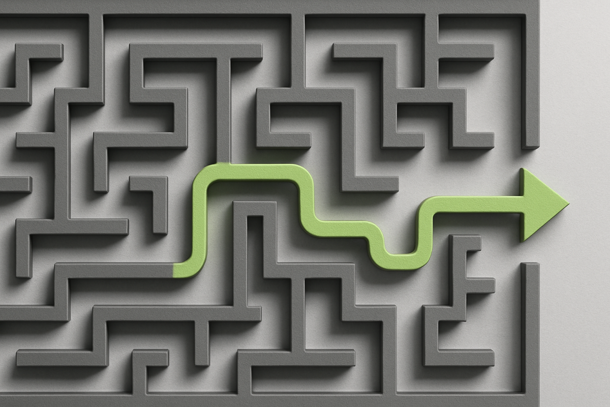 Symbolbild Labyrinth mit grünem Pfeil, der Weg durch das Chaos zeigt;